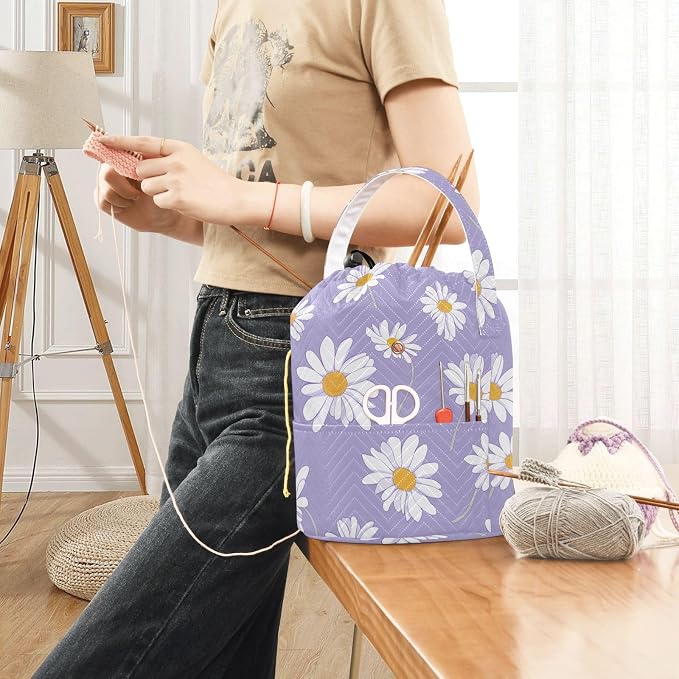 Fustylead Cute Daisy on Light Purple Background Yarn Crochet Tote Basket, Large Knitting Drawstring Organizer Yarn Storage Bag for Crocheting Project, Sewing Supplies, Yarn Balls, Needles
