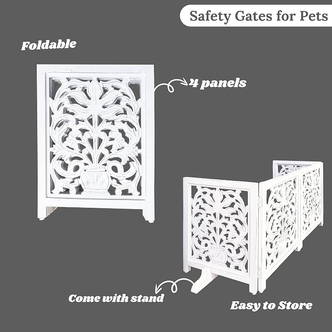 Lightnpro 4-Panel Wooden Dog Gate with Stopper – 72 Inch Extra-Wide Foldable Freestanding Pet Barrier, Antique White Indoor Safety Fence for Small Dogs & Puppies – 24x18 Inch Panels