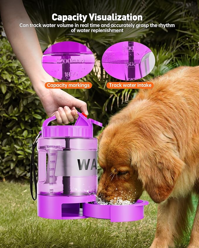 Dog Water Bottle Portable - 77 oz Dog Water Bottle with Bowl Leak Proof, 2 in 1 Pet Travel Cup Suitable Outdoor, Camping, Walking, Beach, Hunting, Large Pet Gear for Dog Lovers （Purple）