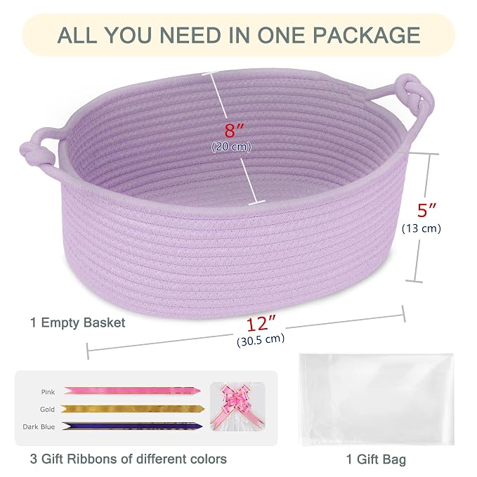 COMSE Small Gift Basket Empty with Bag & Ribbons, Solid Purple | Cotton Rope, 12"x 8"x 5", Pet Toy Storage Organizer, Woven Basket for Birthdays, Baby Showers, Mother’s Day, Valentine’s Day
