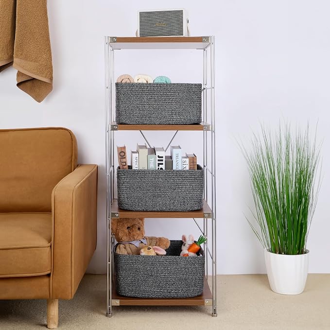 MiniArk Large Storage Baskets for Shelves, 17 x 13 x 7.5” Closet Organizers Bins for Clothes Blanket Towels, Baby Nursery, Toy Baskets Box, Woven Rope Baskets, 3 Packs Dark Gray