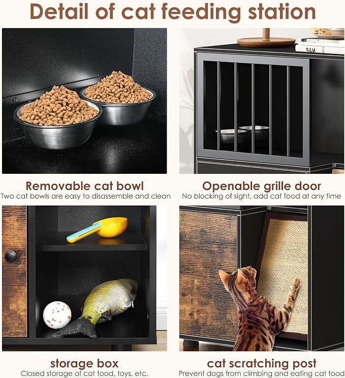 Dog-Proof Wood Cat Feeding Station with Lockable Storage & 2 Removable Stainless Steel Bowls - Anti-Spill Cat Condo with Scratching Board for Indoor Multi-Pet Homes