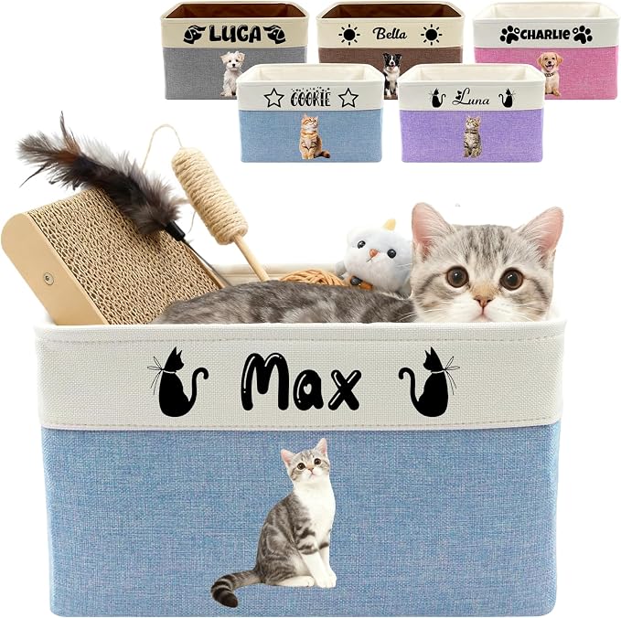 Customized Pet Toy Storage Basket - Personalized Dog & Cat Toy Organizer with Name, Foldable & Durable Fabric Bin for Pet Supplies, Organizer for Toys, Coats, Clothing, Blankets Blue