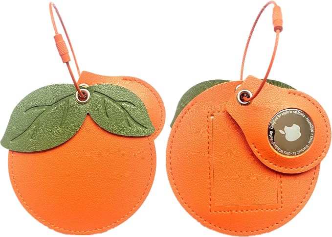 PU Leather Luggage Tag with Airtag Holder Case Set and Name ID Label | Hidden Compartment for AirTag Travel Suitcase Tracking Case with Stainless Steel Loop,Cute Fruit Plant Styles,Persimmon