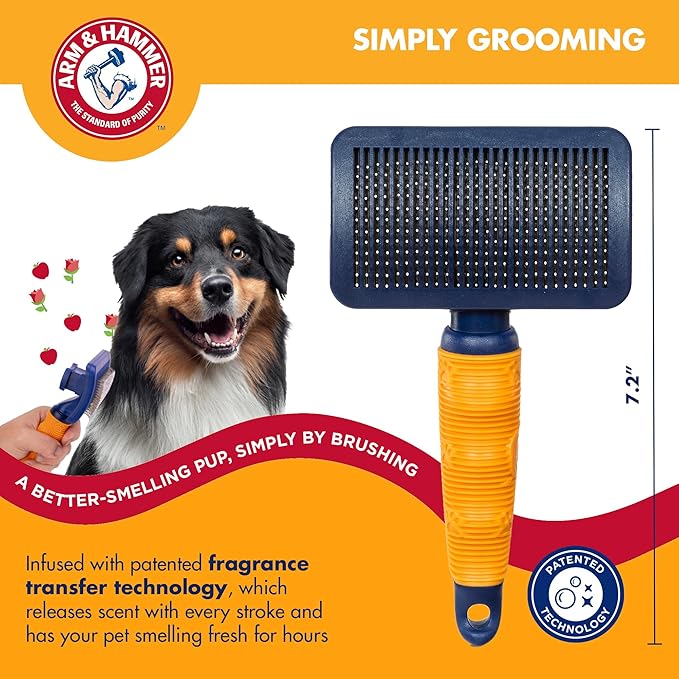 Arm & Hammer Deodorizing Slicker Brush for Dogs, Fragrance Transfer Technology with Baking Soda, Self-Cleaning Button, Removes Loose Fur & Tangles, Dog Grooming Brush, Sweet Apple & Rose Scent