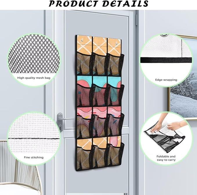 Over the Door Shoe Organizer,Ice Cream Pattern Shoe Organizer Door Hanger,Shoes Hanger Storage Organizer Bag for Bedroom Waterproof Reusable