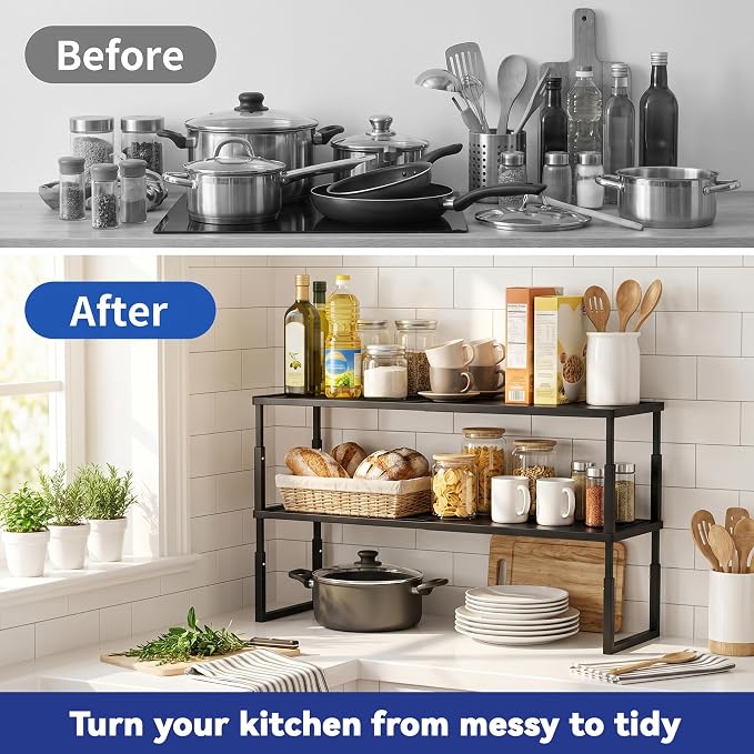 2 Packs Expandable Cabinet Shelf Organizer, Stackable Countertop Shelves | 15.8''- 25.5'' In Cabinet Shelf, Adjustable Kitchen Cabinet Organizer for Pantry Organizer, CupBoard Organizers and Storage