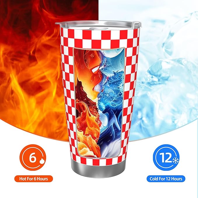 20 Oz Red White Checkered Tumbler for Hot & Cold Drinks, Insulated Coffee Travel Car Mugs, Stainless Steel Cup for Family Friends Birthday Present