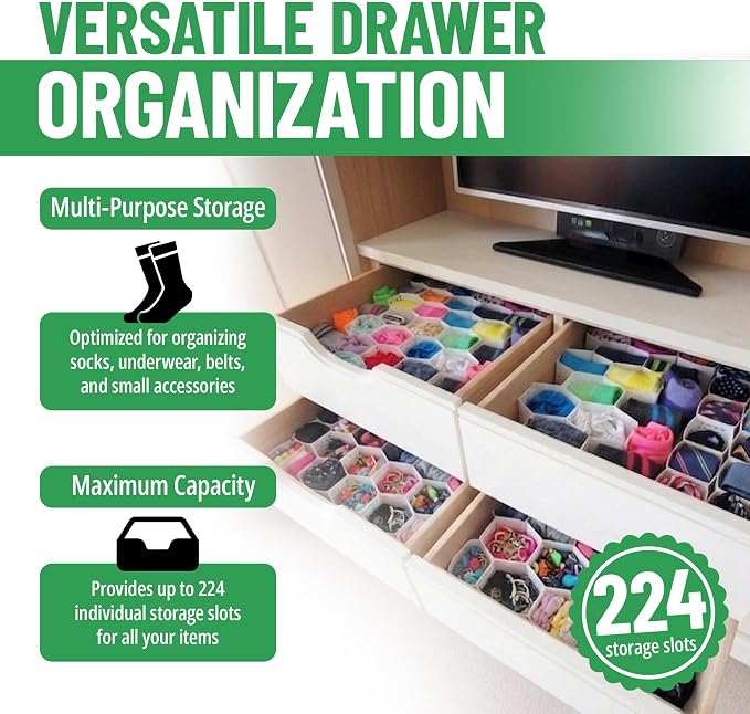 Evelots 8-Pack Honeycomb Drawer Organizers, 224 Cells, Expandable, White | Expandable modular dividers create 224 cells to organize socks, underwear, bras & baby clothes in dresser and closet drawers.