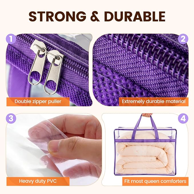 6 Pack 40L Clear Storage Bags with Zipper Large Opening for Loading | Purple Storage Bag for Blankets and Clothes, Large Capacity Closet Organizers and Storage for Dormitory, Bedroom