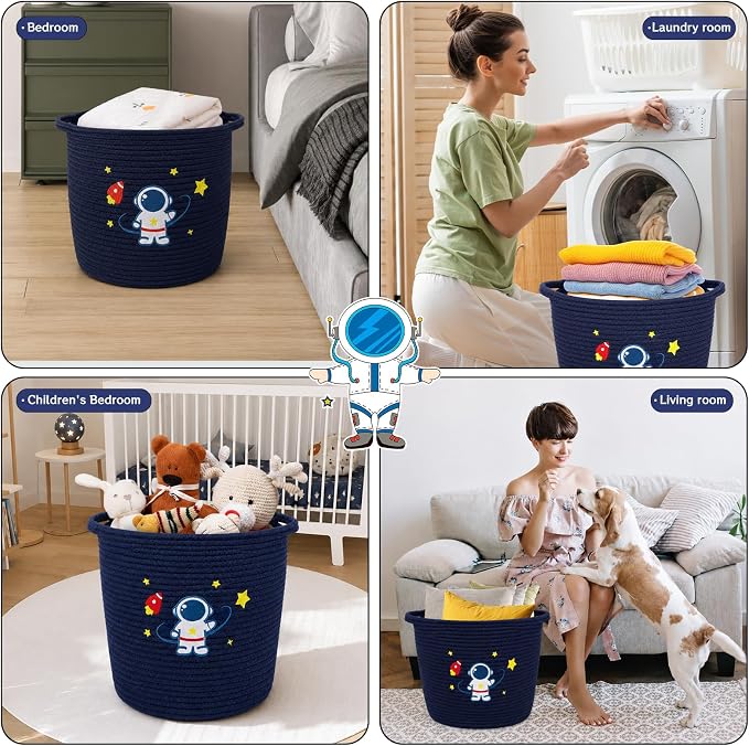 Laundry Basket Astronaut Space, 11"x13" Cotton Rope Woven Laundry Hamper, Cute Kids Storage Basket for Toy Storage Stuffed Animal Storage, Blanket Basket for Nursery Bedroom