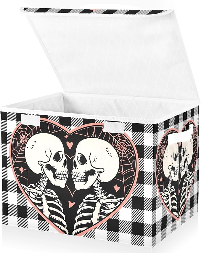 Fabric Storage Bins with Lid Love Skull Closet Storage Basket 40L | Decorative Storage Boxes, Dust-Proof Flip Top, Reinforced Handles, For Home & Bedroom, Clothes & Toy Box, Skull Fabric Print