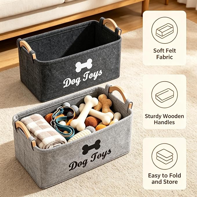 Dog Toy Storage Basket, Felt Pet Toy Organizer with Wooden Handles, Collapsible Pet Supplies Storage Bin for Dog Cat Toys, Treats, Accessories, Home Office Closet Organizer (Dark+Light Gray)