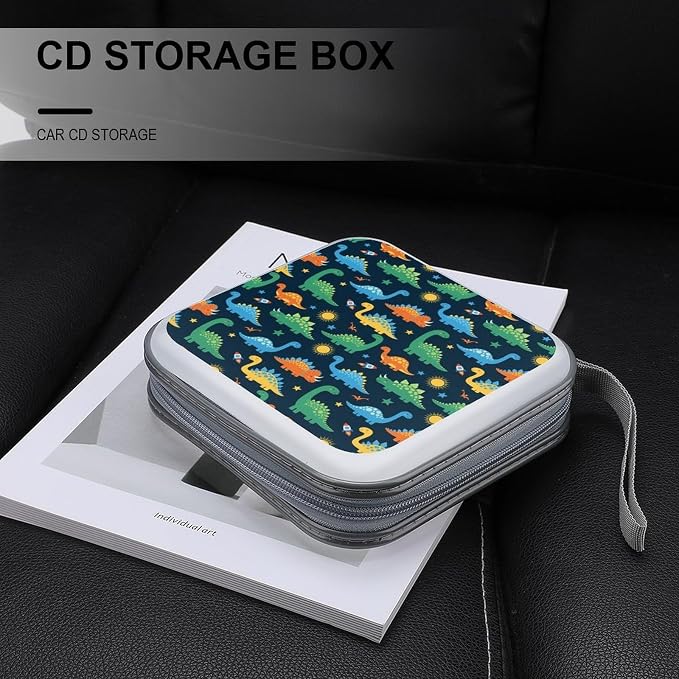 Hard Shell DVD Storage Binder Dinosaurs, Holds 40 Discs, Portable Wallet with Carry Handle, Organizer for Car Home Office