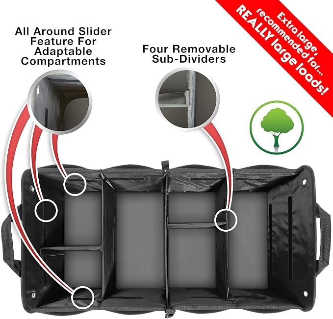 Car Trunk Organizer for SUV, Truck & Auto Cargo Storage, XL Black | Fits Cars, SUVs & Trucks 6 Adjustable Compartments Non-Slip Base & Securing Straps Foldable 11 Pockets Car Accessories