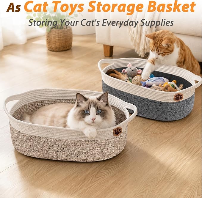 SZEE 2 Pack Stimulicat Handwoven Cat Basket, Large Instinct Cat Bed Baskets | Woven Cotton Rope Cat Scratcher Basket & Pet Toy Organizer, Breathable with Reinforced Handles, 19.7"x11"x7.9", Beige+Gray