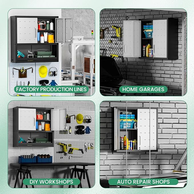 Garage Wall Cabinet,29.5" W Wall Mounted Garage Cabinets with Adjustable Shelf,Heavy Duty Lockable Metal Cabinet,Secure Hanging Tool Cabinet for Basement,Laundry Room,Workshop,Black/Grey