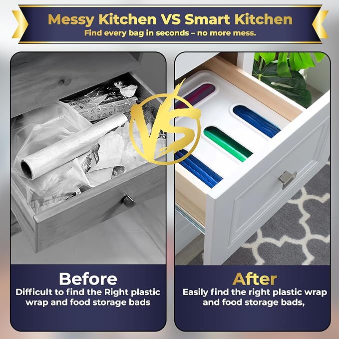 4 IN 1 Food Storge Bag Organizer for Kitchen Drawer, 4-Slot, Wall Mountable | Compatible with Sandwich, Snack, Gallon & Slider Bags, with Locking Lid Design Food Storage Bag Holder, Space saving