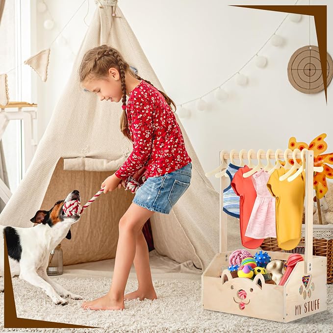 Chunful Dog Closet Wardrobe, Storage Bin, 5 Hangers, Wooden,Wood Color | Organize Pet Clothes and Toys, For Small Dogs and Cats, Includes Wardrobe Rack and Storage Box, Natural Wood, 19"x13"x9"
