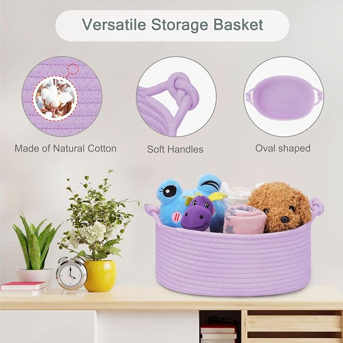 COMSE Small Gift Basket Empty with Bag & Ribbons, Solid Purple | Cotton Rope, 12"x 8"x 5", Pet Toy Storage Organizer, Woven Basket for Birthdays, Baby Showers, Mother’s Day, Valentine’s Day