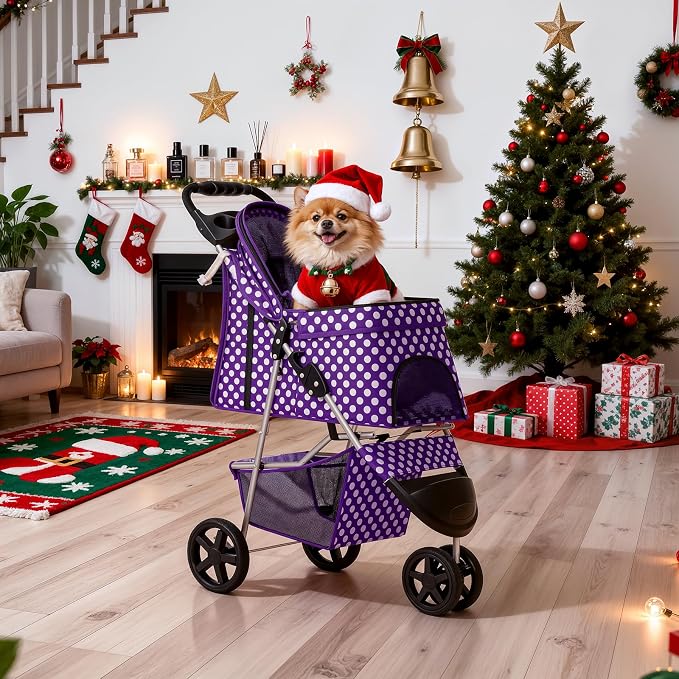 MoNiBloom Pet Stroller for Small/Medium Dogs and Cats, Purple Polka Dots | Foldable Dog Stroller 3 Wheels Pet Strolling Cart w/ Storage Basket Cup Holder, Breathable and Visible Mesh for All-Season