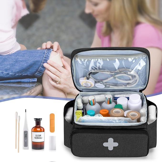 Small Medicine Storage Bag, Empty Family First Aid Kits Case, Black | Emergency Medical Supplies for Home Care, Pill Bottle Organizer, Multifunctional Bag for Medical Use, Dormitory, Travel