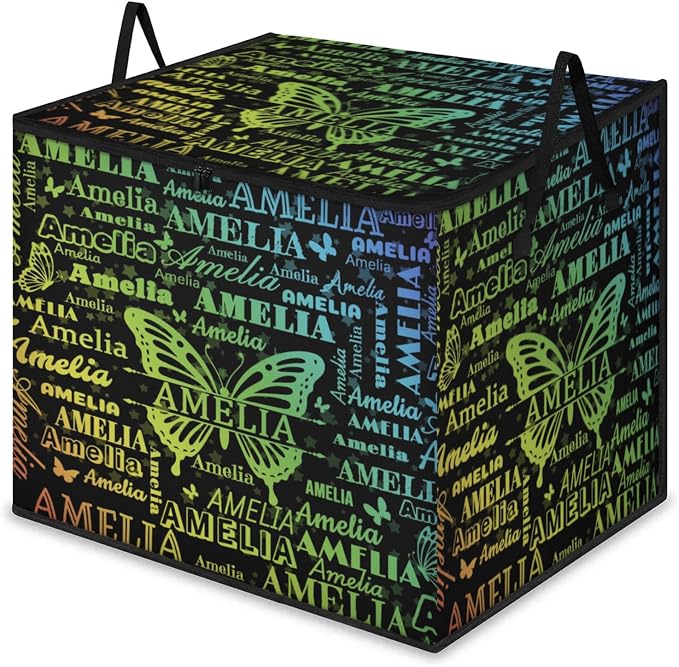 Custom Name Large Clothes Storage Organization with Lids, Bedding Clothes Towel Storage Bin Shelf Basket for Nursery, Gift Basket, Pet Basket, Gradient Yellow Blue Names with Butterflies Black
