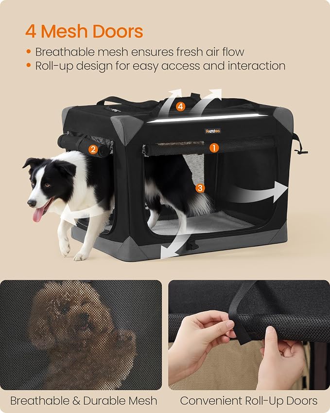 Feandrea Collapsible Dog Crate, Portable Oxford Fabric Pet Travel Crate with 4 Mesh Doors, Handles, Pocket, 30 Inches, for Medium Dogs, Ink Black and Dove Gray UPDC027BH01