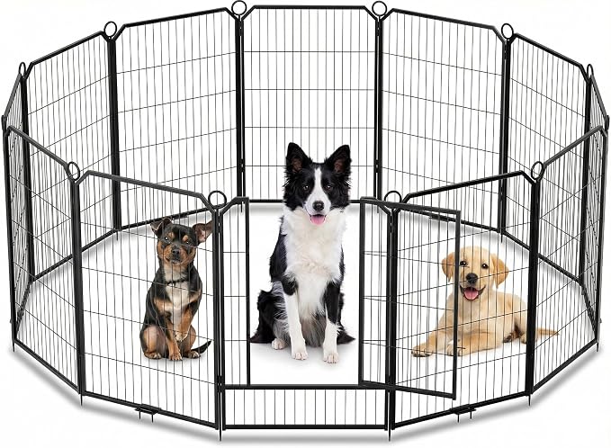 Steel Dog Playpen with Lockable Door & Ground Stakes, 40”H 12 Panels Puppy Playpen, Foldable Dog Fence for Indoors/Outdoor/Yard/RV/Camping