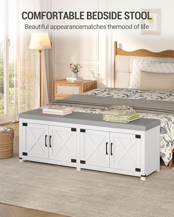 Hzuaneri 59" Shoe Storage Bench, with Soft Padded Seat Cushion & Doors | 2 Tier Entryway Storage Bench with Adjustable Shelf, Farmhouse Shoe Cabinet for Living room, Bedroom, White SB31503GY