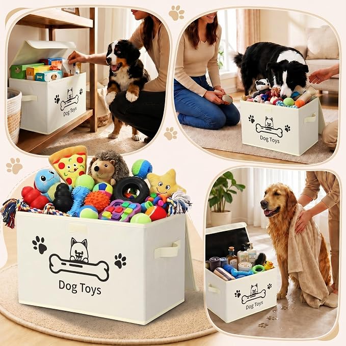 Novabright Dog Toy Basket with Lid Foldable Dog Toy Storage Bin with Clear Window Large Pet Storage Box with Handles for Pet Essentials Organization, 14.9 x 9.8 x 9.8 Inch(Beige)