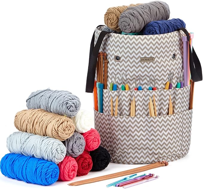 HOMEST Crochet Bag Organizer for Yarn Storage, and Knitting Accessories | Customized front compartment, 6 oversized grommets and drawstring closure for hooks, needles and projects, Ripple