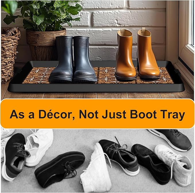 BEHERO Boot Tray Shoe Mat Decorative Patterned, Rubber Boot Matt Tray Indoor and Outdoor Use, 16" x27.5" Shoe Cleaning Mat Non-Slip, Shoe Storage Waterproof with Artistic Prints for Entryway(Brown)
