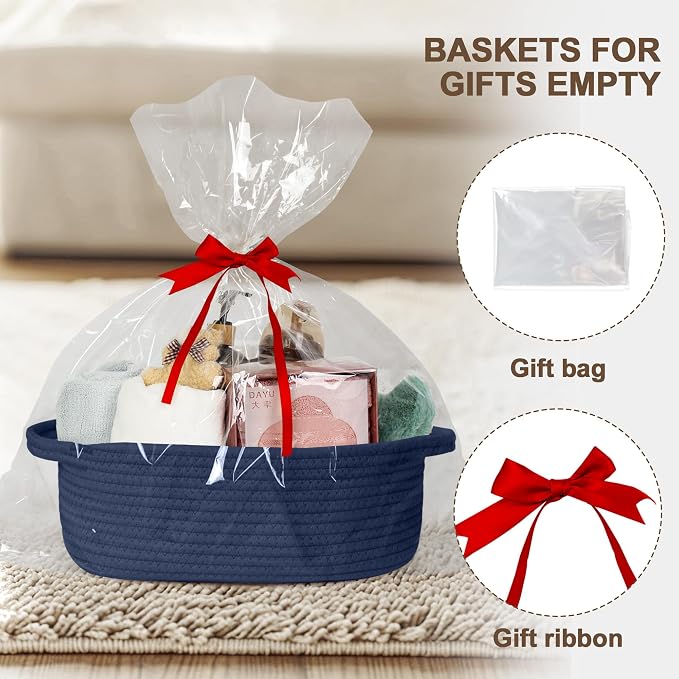 Small Baskets for Gifts Empty, 13"x 9"x 5" Woven Gift Basket with Bag and Ribbon, Cotton Rope Kids Dog Cat Toy Bin Box, Cute Baby Nursery Organizer, Decorative Storage with Handles,Dark Blue
