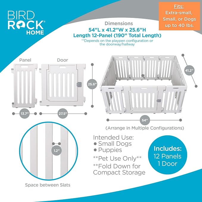 BIRDROCK HOME Pet Playpen with Door | 12 Panel | Strong Plastic | Puppy Safety Fence Pen Playpen | Non-Slip and Secure Dog Gate | White | 13-Panel Durable Plastic Playpen for Puppies and Small Dogs, Pet Pen with Non-Slip Suction Cups, Indoor/Outdoor Pe...