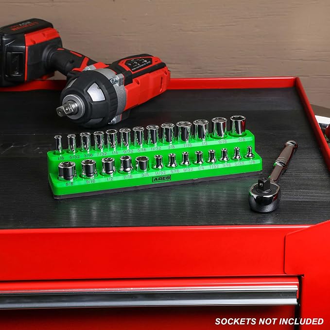 ARES 60005 26-Pc 1/4-In Red/Green SAE Magnetic Socket Organizer | Multi-Size Inch Drive Bit Set