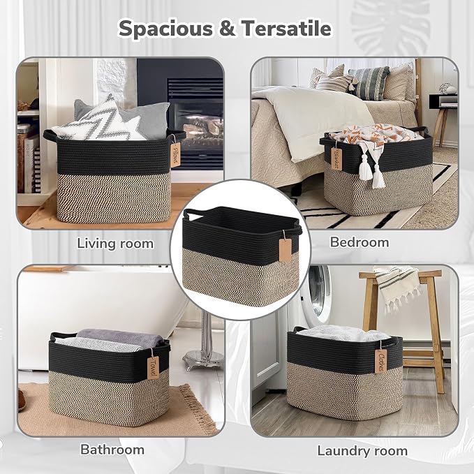 Goodpick 50L Large Woven Storage Basket for Organizing, Black & Jute | 18" × 14" × 12" Stylish Gift Basket for Living Room & Bedroom Organization, Wicker Baskets for Shoes & Toys Storage