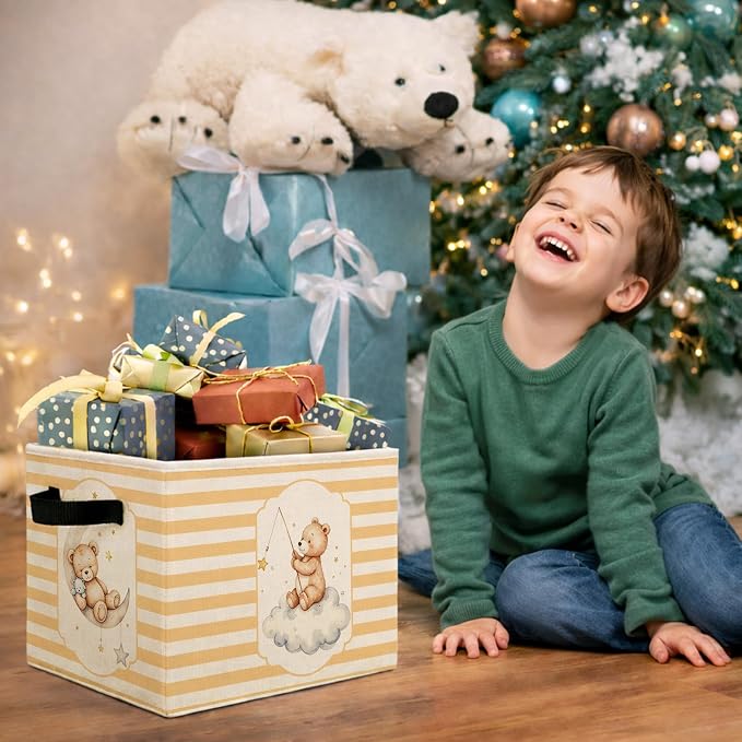 Moon Teddy Bear Storage Basket, Yellow Stripe Toy Organizer | Foldable fabric bin with a moon teddy bear and yellow stripes, perfect for toys, books, clothes, and nursery storage.