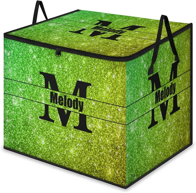Custom Extra Large Storage Baskets with Name Initial Letter, Personalized Storage Bins Basket Boxes for Clothes Blanket Bedroom Closet Organizing Toys Shelves, Bright Green Sequins Glitters