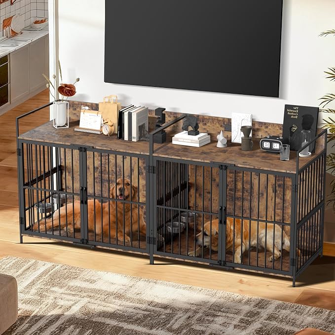 XL Dog Crate Furniture, 48" Large Wooden Dog Cage House with Adjustable Dog Bowls, Indoor Decorative Dog Kennel with Double Doors, Charging Station, Brown (48" L x 29.9" W x 42.9" H)