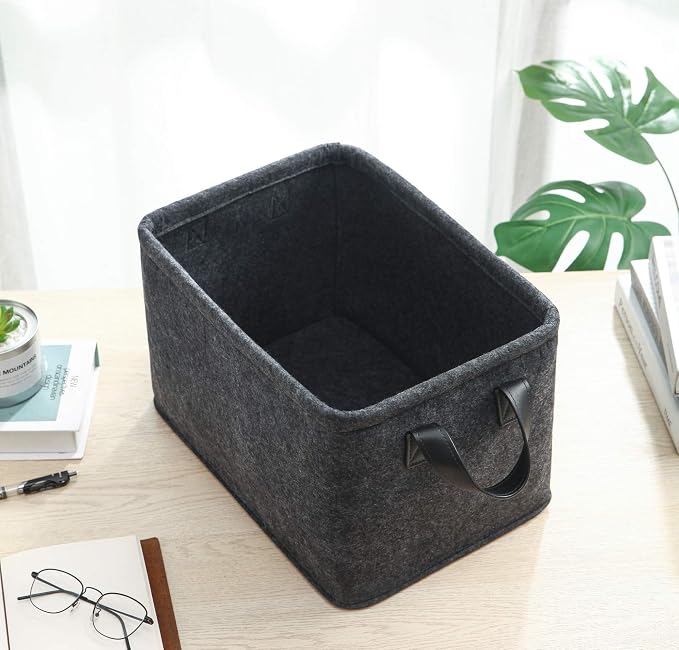 Collapsible Storage Bins Foldable Felt Fabric Storage Basket Organizer Boxes Containers with Handles PU Handles for Nursery Toys,Kids Room,Clothes,Towels,Magazine (PU-Dark grey, 15.9L×11W×9.8H)