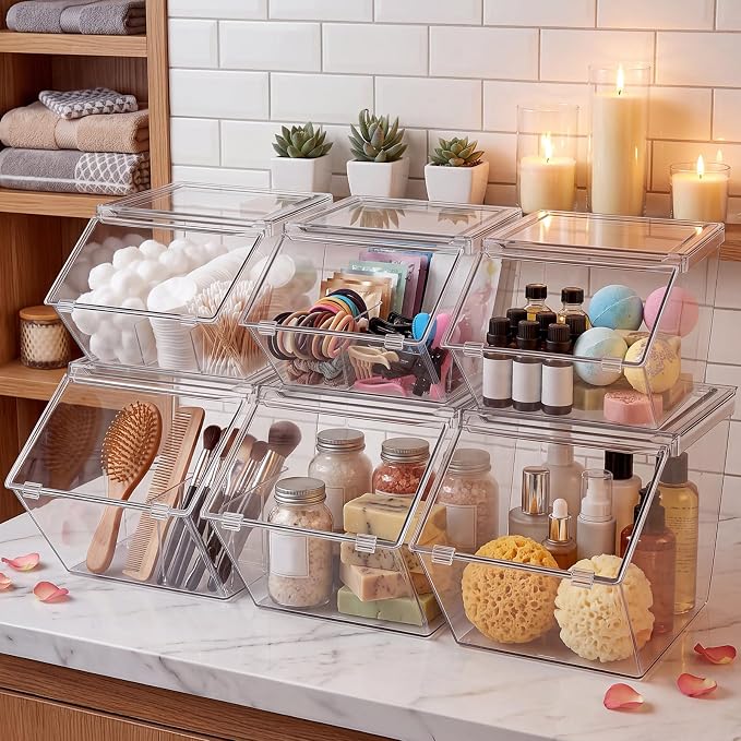 Yerliker 6 Pcs Clear Plastic Storage Bins with Lids Stackable Pantry Storage Organizer Kitchen Cabinet Organizers Ideal Containers for Coffee Pod Tea Sugar Bag Cabinet Home (Large+extra Large)