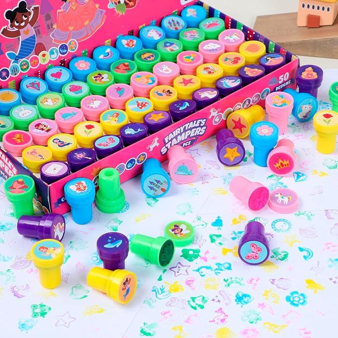 JOYIN 50 Pcs FairyTale's Themed Stamps for Kids - Self-Ink Stamps with 50 Designs for Birthday Party Favor, Carnival Prizes, Goodie Bag, School Treasure Box Toys (Mermaid, Princess, Unicorn Stampers)