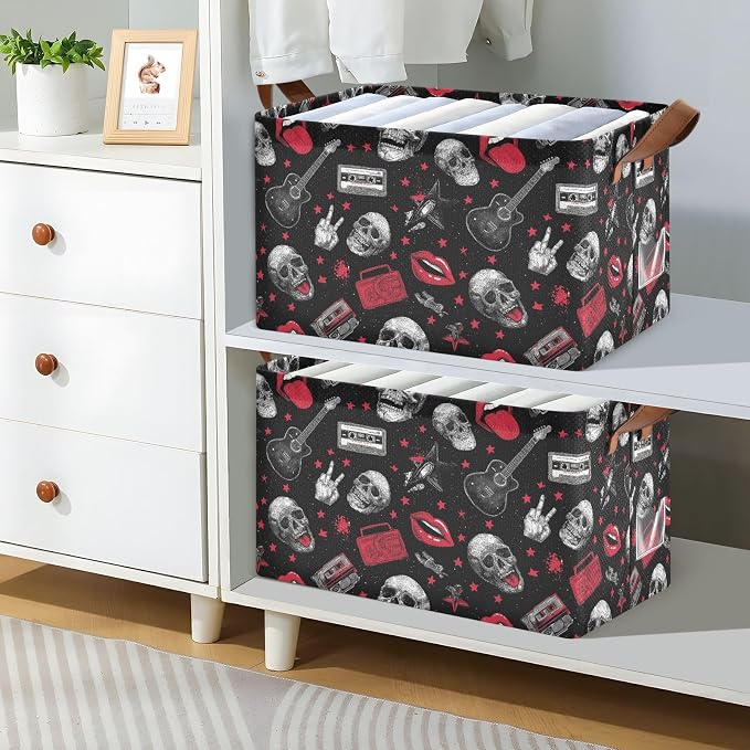 Music Rock and Roll Skulls Storage Basket Foldable Cube Storage Bins with Handles&Label Waterproof Collapsible Organizer Box Bin Large Rectangle Decorative Baskets for Shelves Home Room Laundry
