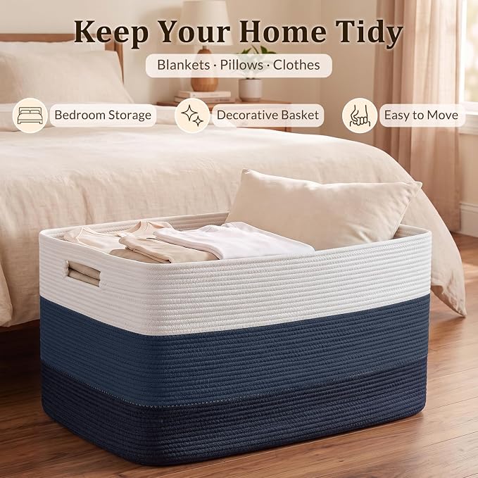 OIAHOMY 108L Extra Large Blanket Basket Dog Toy Basket Gradient Blue | Rectangle Woven Baskets for Storage Cotton Rope Basket For Living Room Toy Storage Blanket Storage Laundry Basket