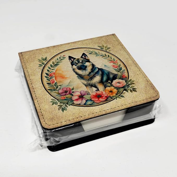 Caroline's Treasures Norwegian Elkhound and Flowers PU Leather Note Paper Holder with Artist-Designed Cover, Desk Accessory, Office Gift