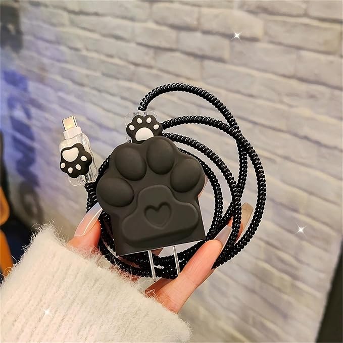DIY Charger Cover for iPhone Charger Protector with Cat Paw Design,Soft Girly Kawaii Cat Claw Charging iPhone Cord Protector iPad Charger Protector Cute Cable Saver for iPhone 18W/20W Charger-Black