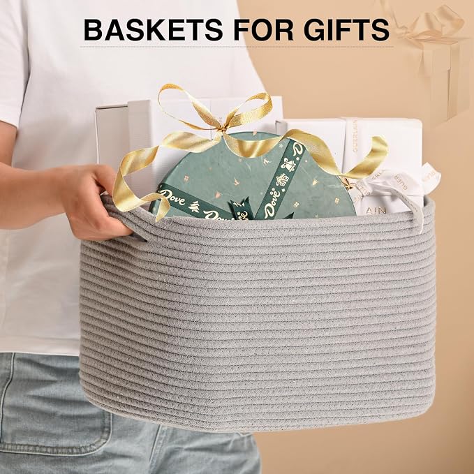 ICERZCZ Woven Cotton Rope Storage Basket for Organizing, Cute Decorative Baskets for Gifts Empty, Organizer Bins for Dog Toy, Baby Laundry, 17“×13”×9.5“, Light Grey