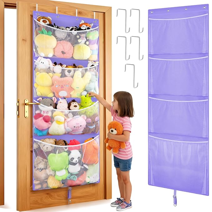 Over Door Stuffed Animal Storage, Hanging Plush Toy Organizer Holder | Behind Door Organizer with 4 Large Pockets, Mesh Hammock Bag for Doll & Bear Stuffies, Idea for Girl Boy Kid Nursery Closet