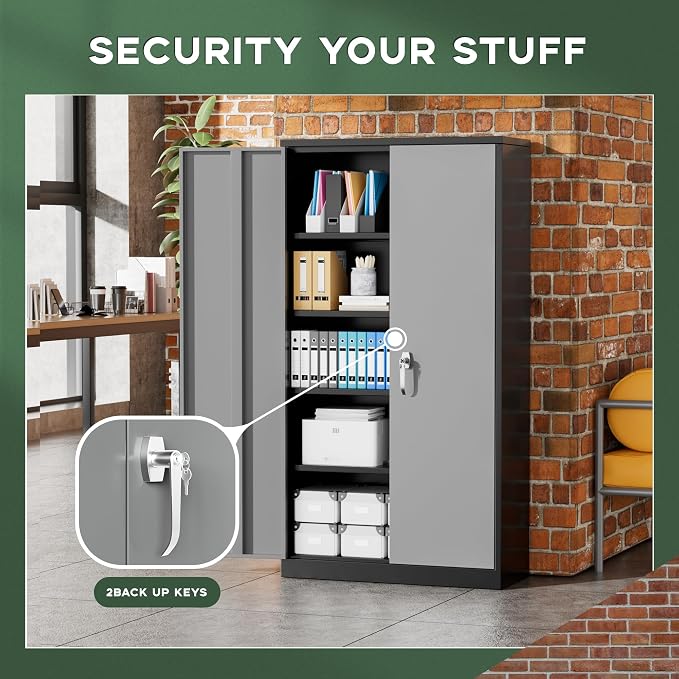 Greenvelly Metal Storage Cabinet, 72" Locking Metal Garage Storage Cabinet with Doors and 4 Adjustable Shelves, Lockable Steel Cabinet for Home Office, Garage, Shop, School (Black Grey 36" W x 18" D)